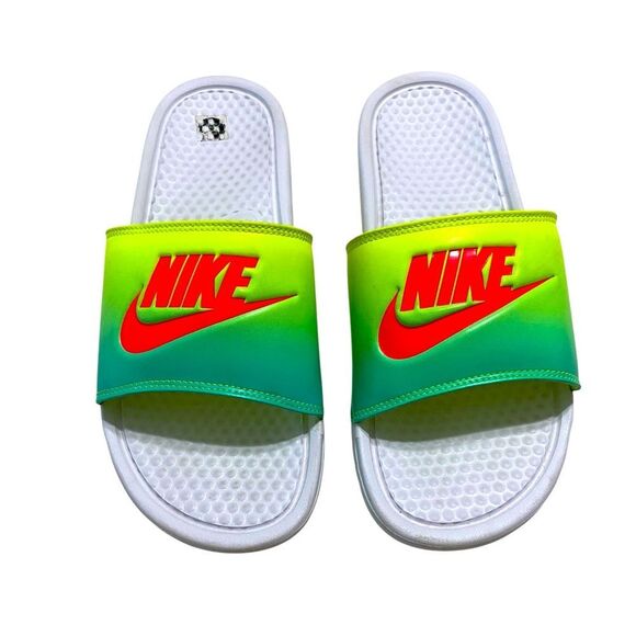 NIKE Slides BENASSI JDI Print White Flash Neon Volt Women’s Size 10 - Picture 1 of 3